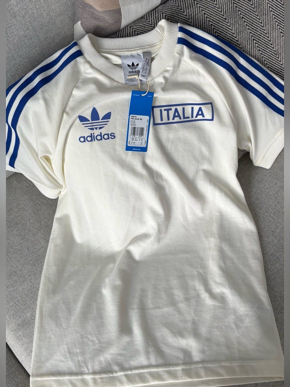 adidas Italia White T-Shirt with Blue Stripes